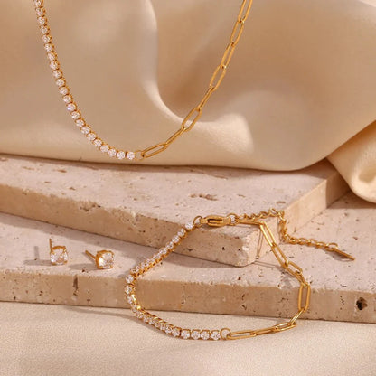 18k Paperclip Chain Tennis Necklace, Bracelet, and Earrings