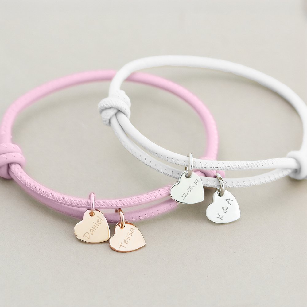 18k Personalized Leather Heart Charm Bracelet