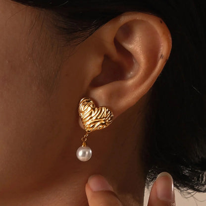 18k Textured Heart Pearl Earrings