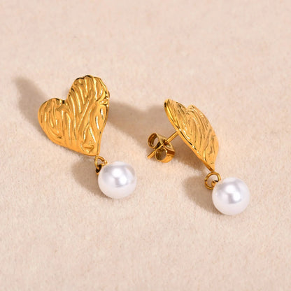 18k Textured Heart Pearl Earrings