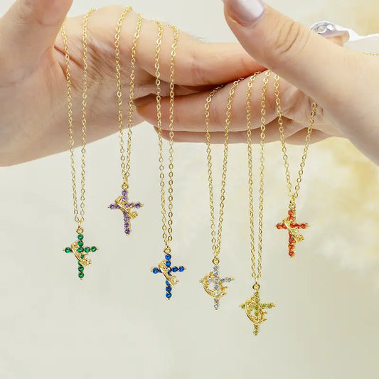 Dainty Birthstone Cross & Crown Necklace