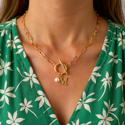 Paperclip Letter Initial Circle Lock Clasp Necklace With Pearl Charm