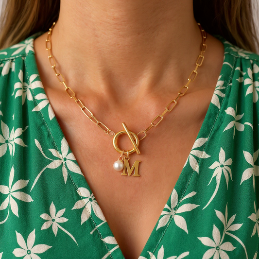 Paperclip Letter Initial Circle Lock Clasp Necklace With Pearl Charm