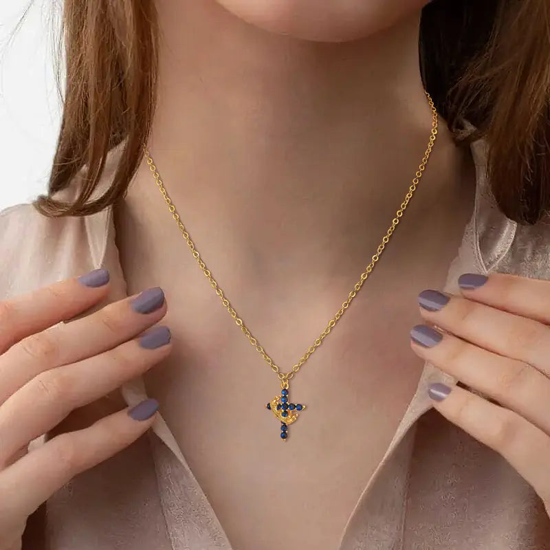 Dainty Birthstone Cross & Crown Necklace