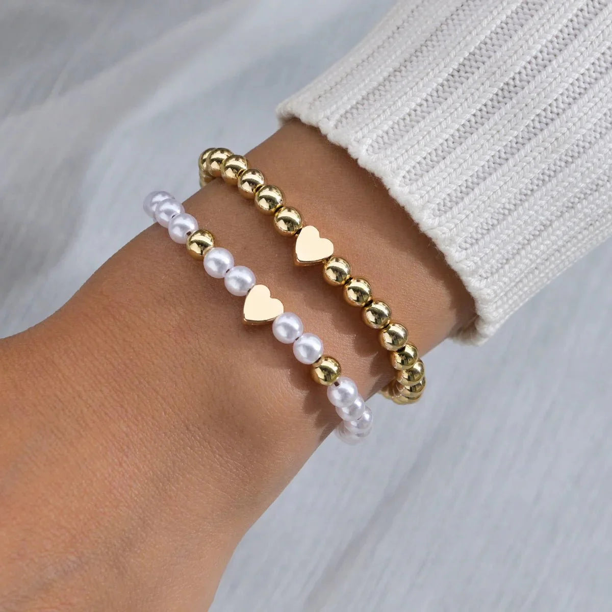 2pcs Classy White & Gold Beaded Heart Bracelets