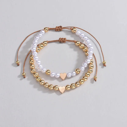 2pcs Classy White & Gold Beaded Heart Bracelets