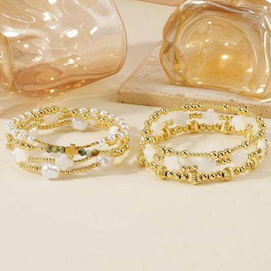 7pc Dainty Gold & Pearl Beaded Bracelet Stack