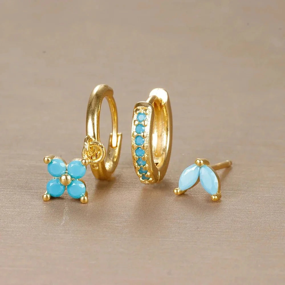 3pc Dainty Floral Huggie Whale Earrings Set