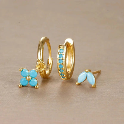 3pc Dainty Floral Huggie Whale Earrings Set