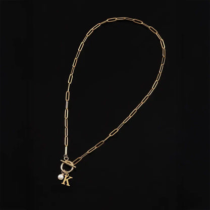 Paperclip Letter Initial Circle Lock Clasp Necklace With Pearl Charm