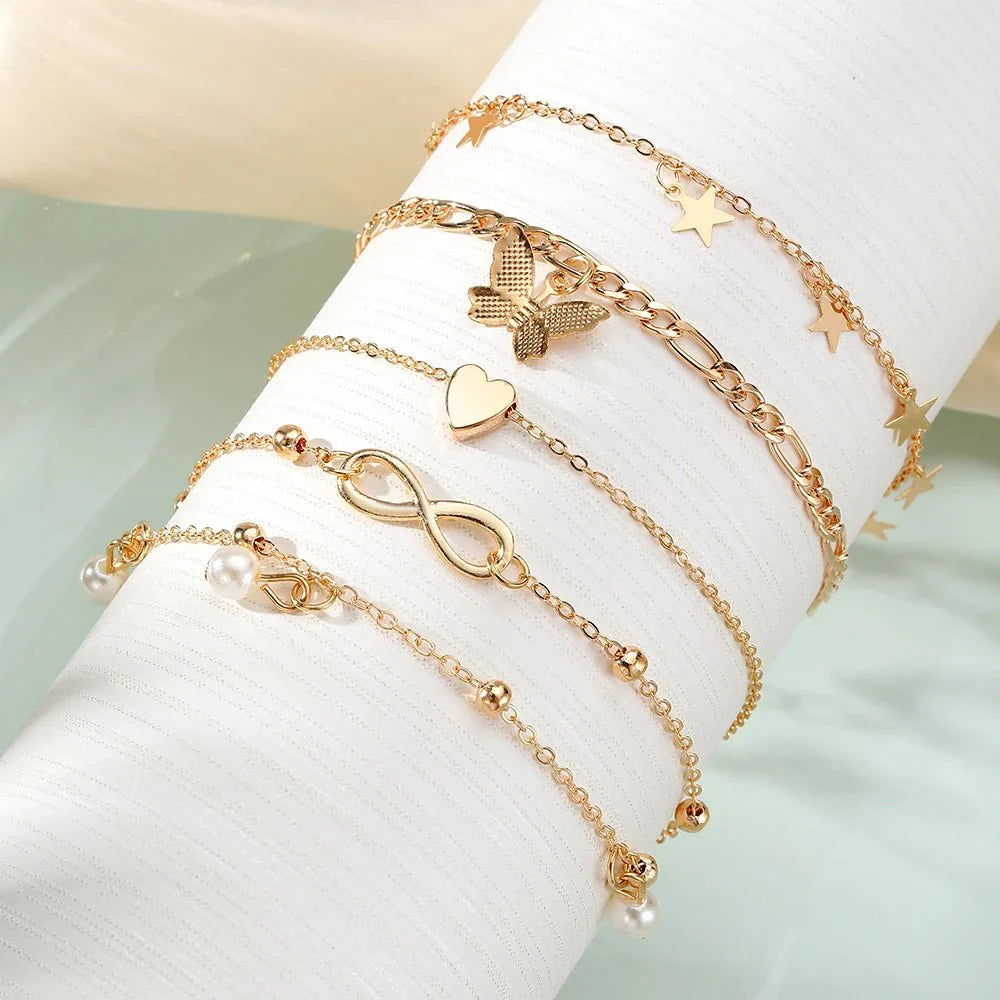 5pcs Dainty Feminine Anklet Set (Stars, Heart, Butterfly, Infinity, Pearls)