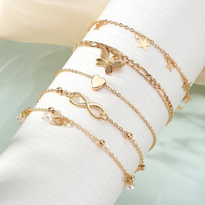 5pcs Dainty Feminine Anklet Set (Stars, Heart, Butterfly, Infinity, Pearls)
