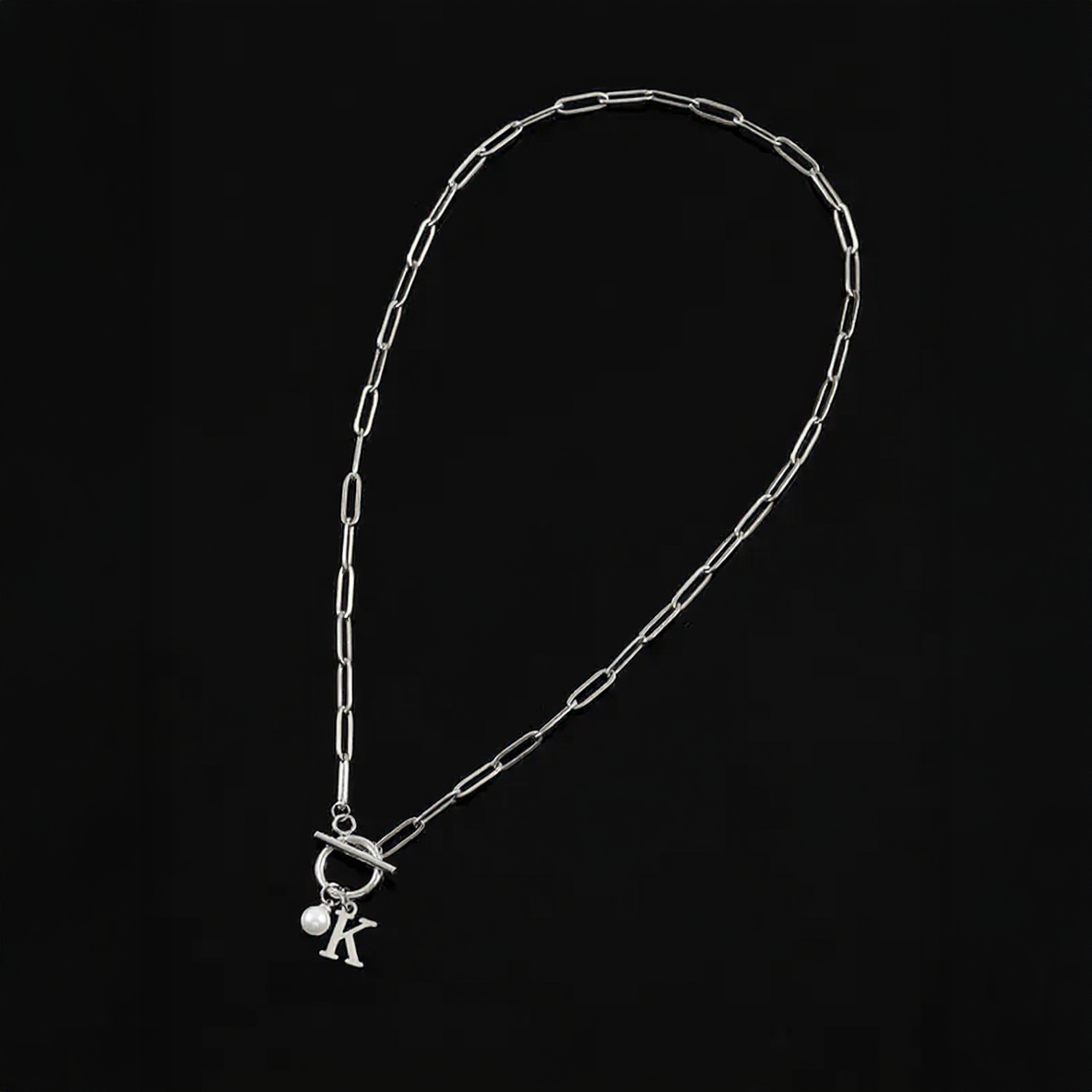 Paperclip Letter Initial Circle Lock Clasp Necklace With Pearl Charm