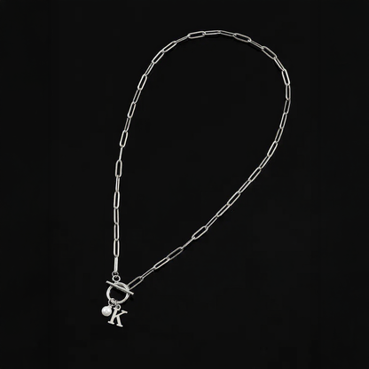 Paperclip Letter Initial Circle Lock Clasp Necklace With Pearl Charm