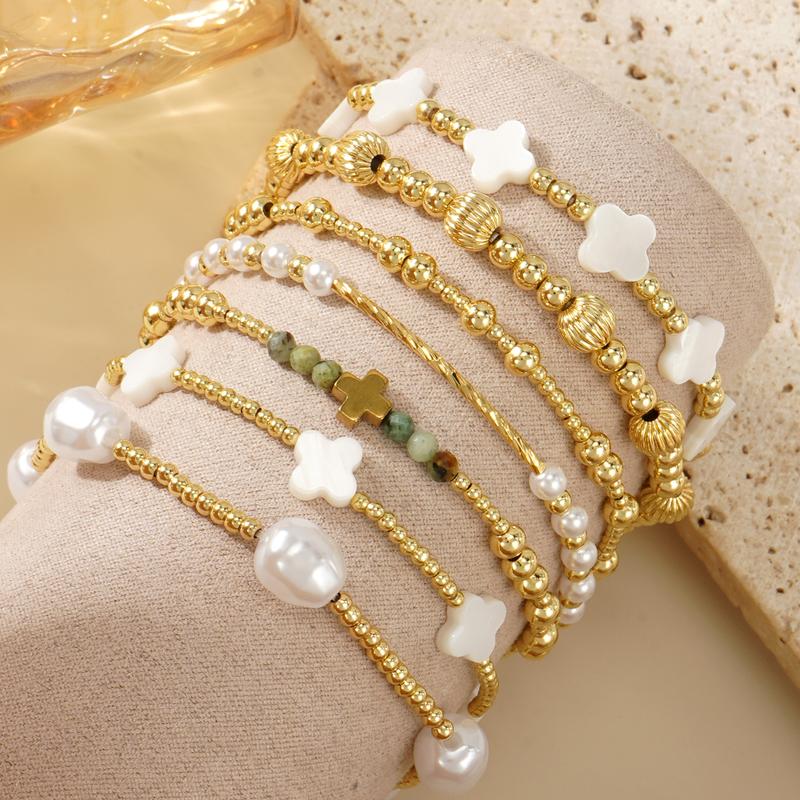 7pc Dainty Gold & Pearl Beaded Bracelet Stack