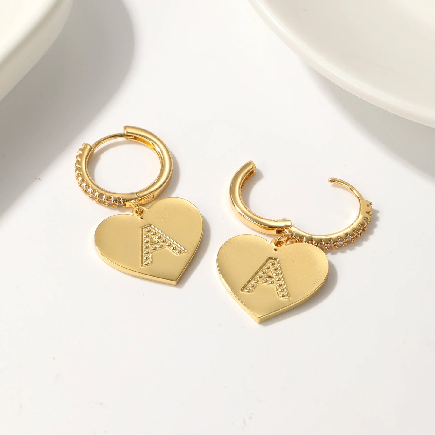 Elegant Huggie Hoop Heart Letter Initial Earrings