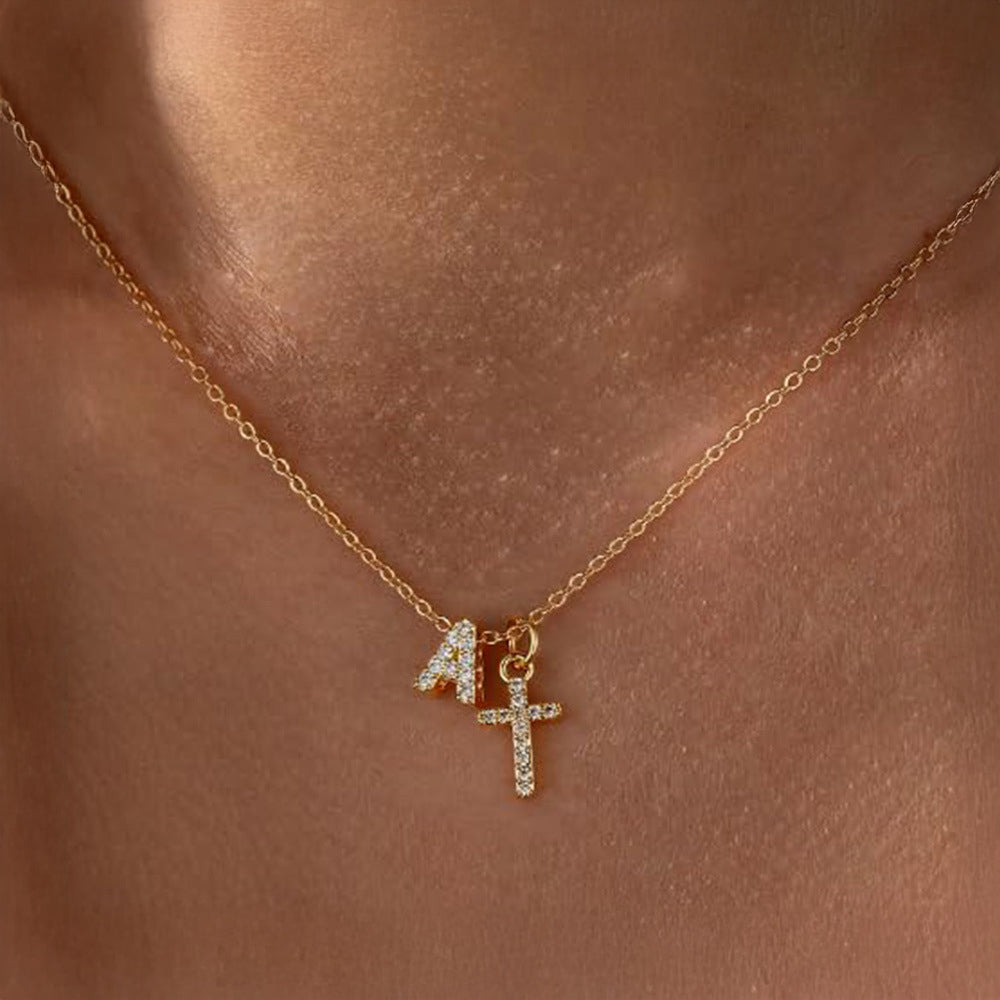 Dainty Diamond Initial & Cross Necklace