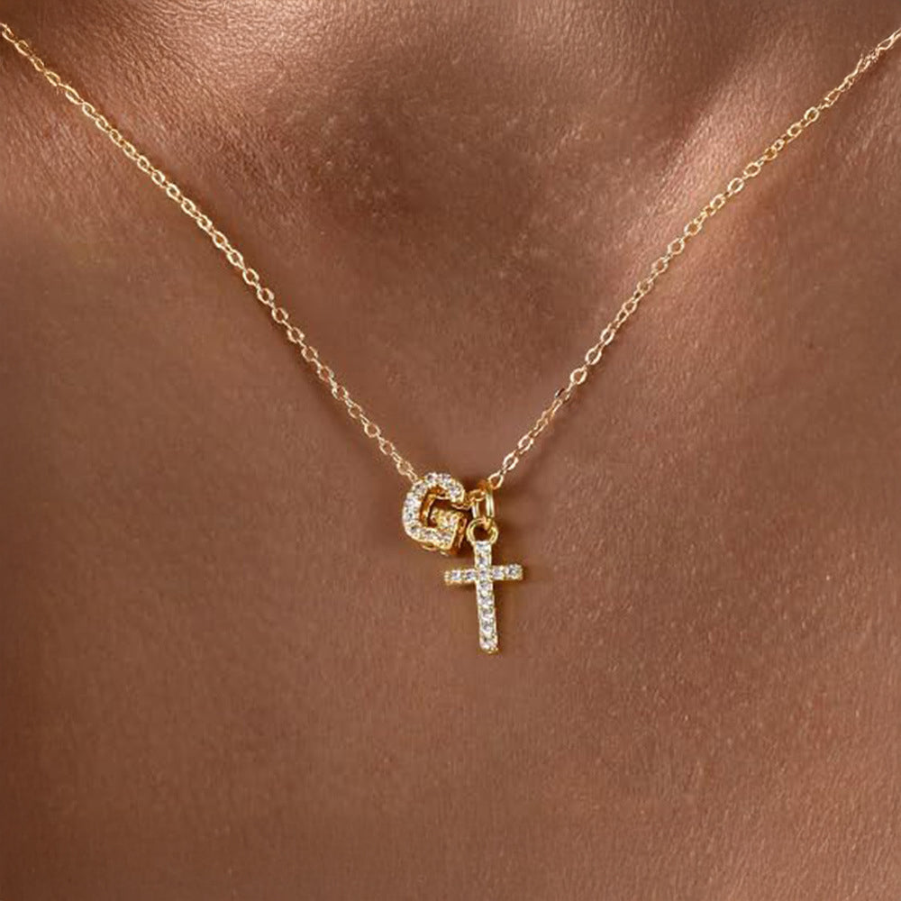 Dainty Diamond Initial & Cross Necklace