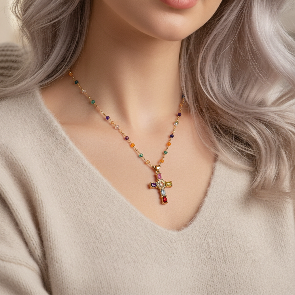Dainty Colorful Gem Set Cross Necklace