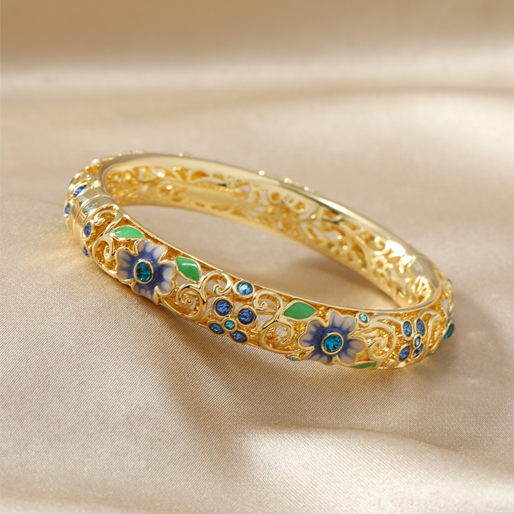 14k Diamond Accented Floral Bangles