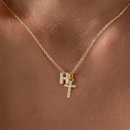 Dainty Diamond Initial & Cross Necklace