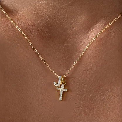 Dainty Diamond Initial & Cross Necklace
