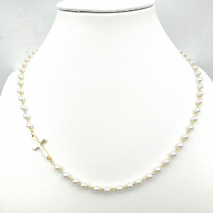 Dainty Faux Pearl Cross Station Choker Necklace