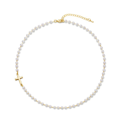 Dainty Faux Pearl Cross Station Choker Necklace