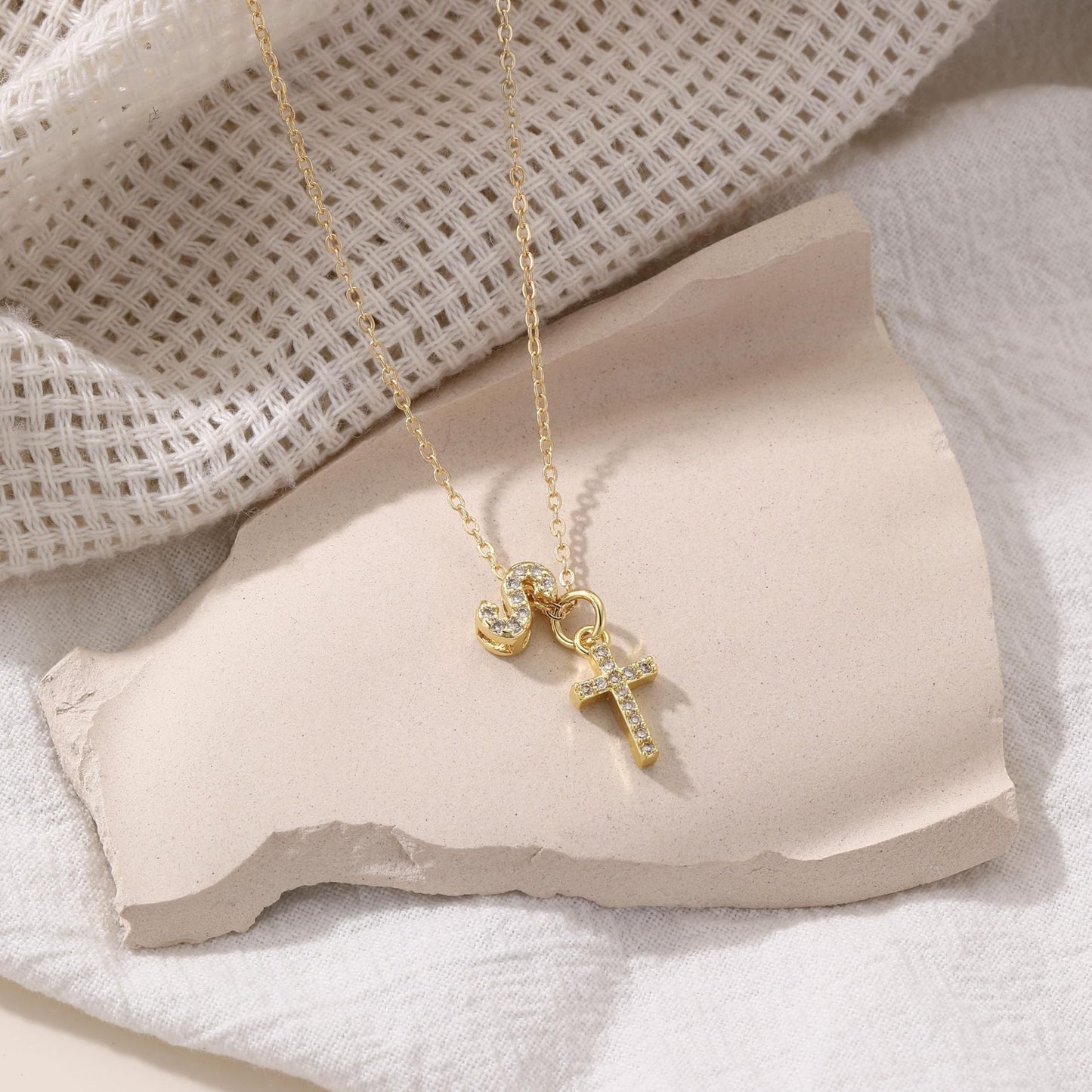 Dainty Diamond Initial & Cross Necklace