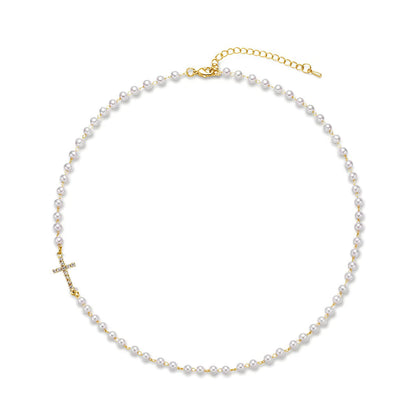 Dainty Faux Pearl Cross Station Choker Necklace