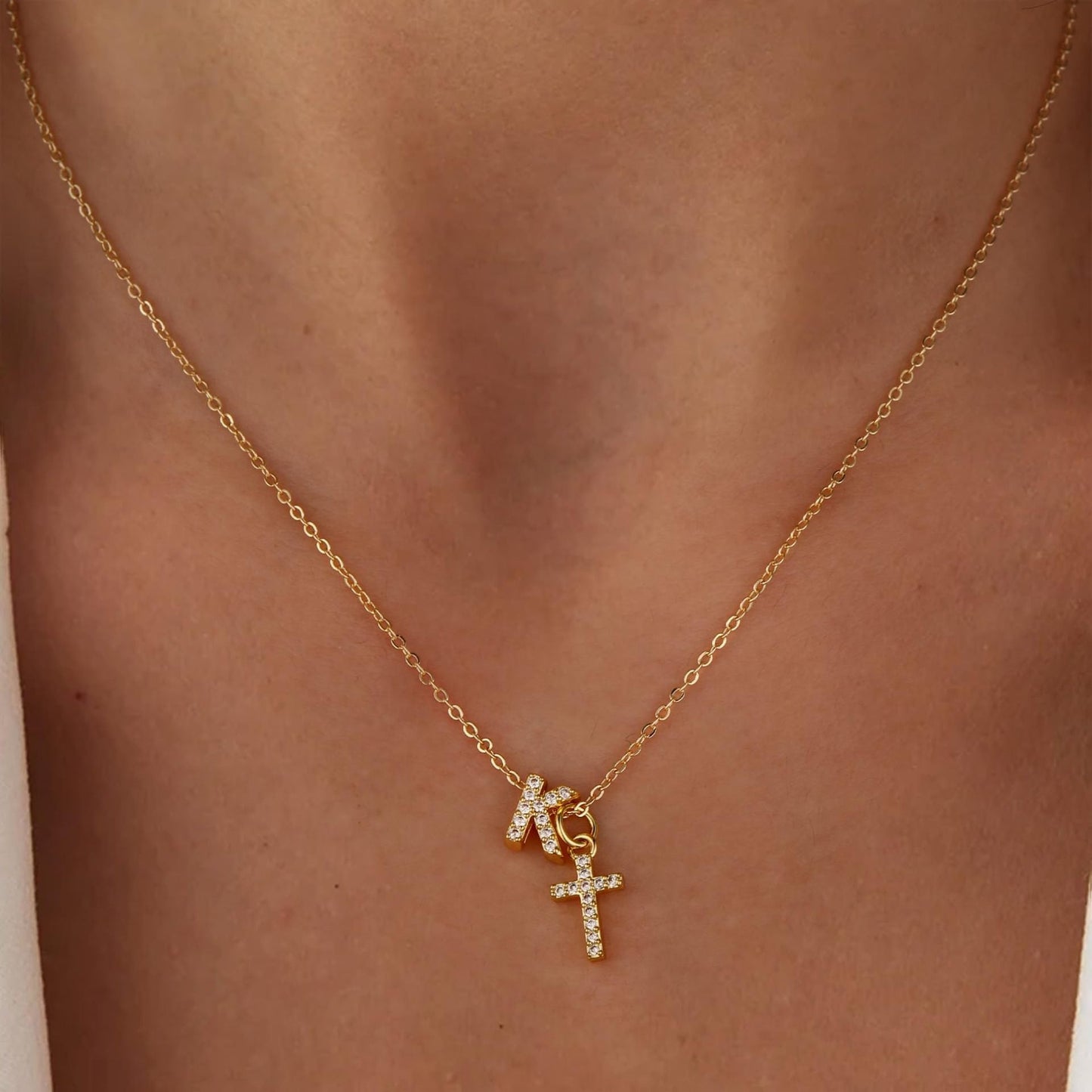 Dainty Diamond Initial & Cross Necklace