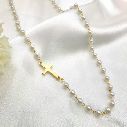 Dainty Faux Pearl Cross Station Choker Necklace