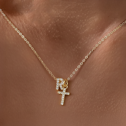 Dainty Diamond Initial & Cross Necklace