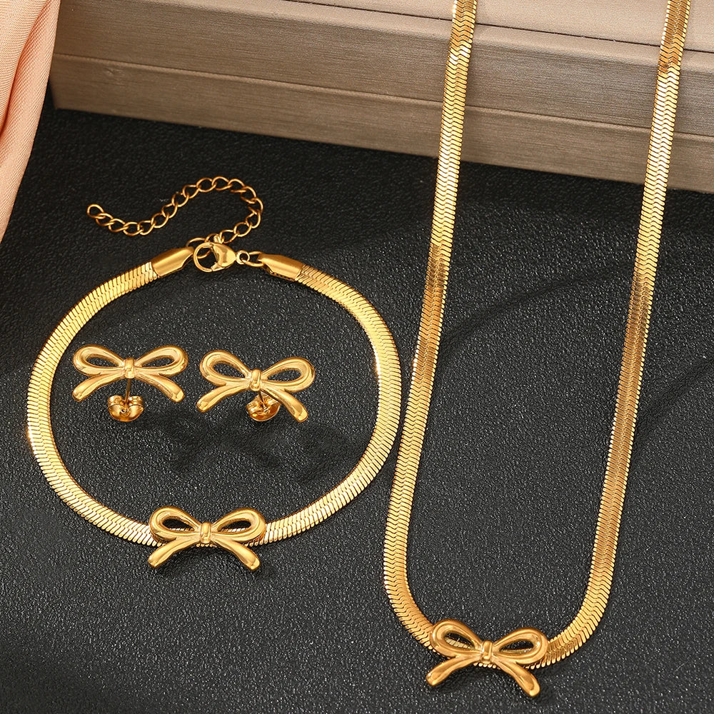 Feminine Bow Herringbone Chain Necklace, Bracelet, and Earring Set