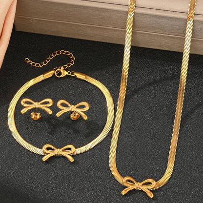 Feminine Bow Herringbone Chain Necklace, Bracelet, and Earring Set