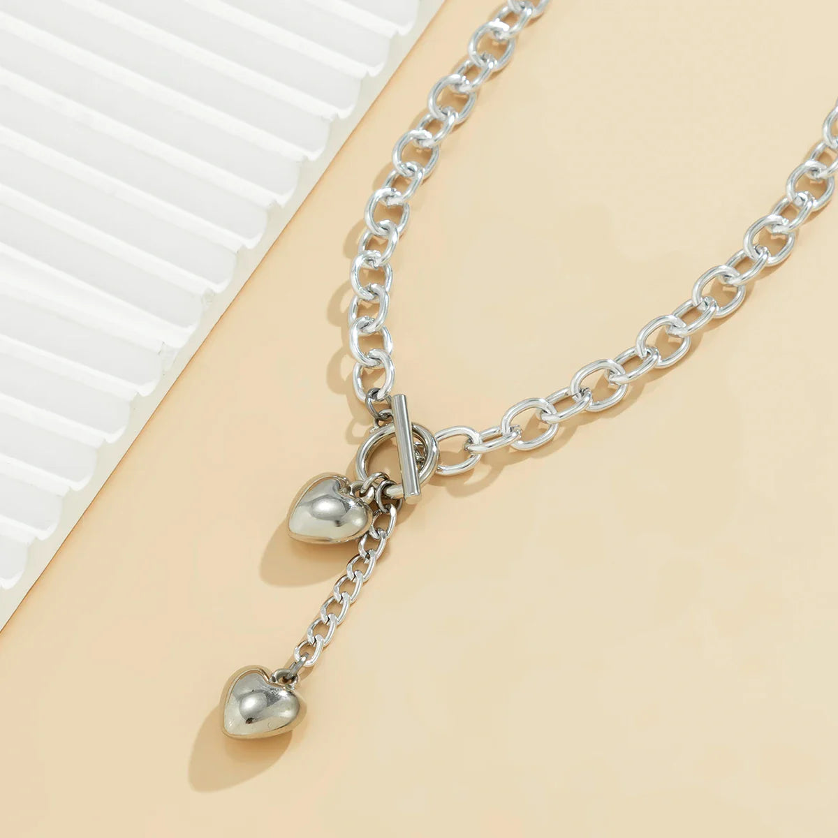 Bold Chunky Chain Link Dual Heart Lariat Necklace & Bracelet