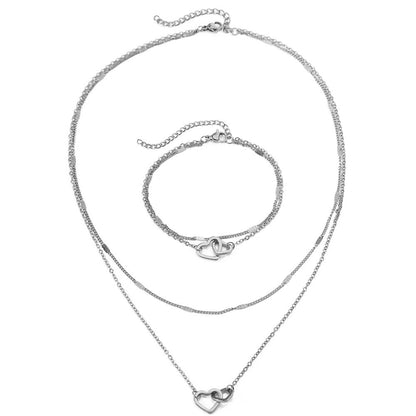 Dainty Curb & Chain Link Dual Heart Necklace and Bracelet Set