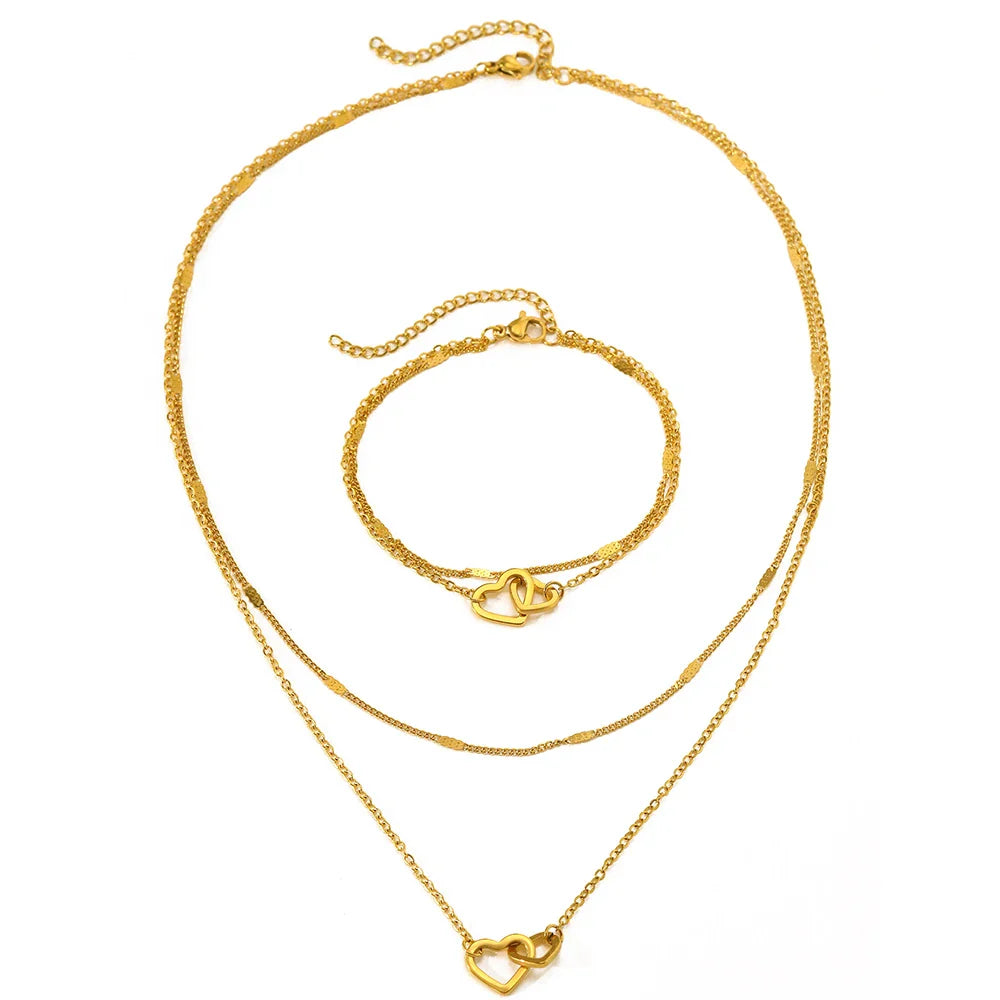 Dainty Curb & Chain Link Dual Heart Necklace and Bracelet Set