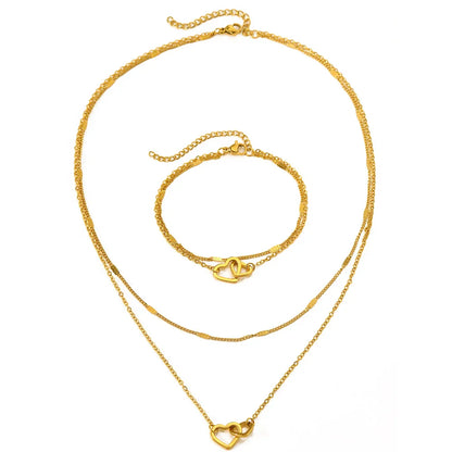 Dainty Curb & Chain Link Dual Heart Necklace and Bracelet Set