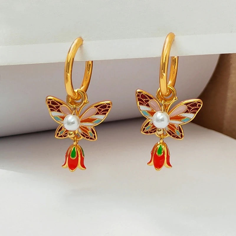 Pastel Dainty Butterfly & Pearl Hoop Earrings