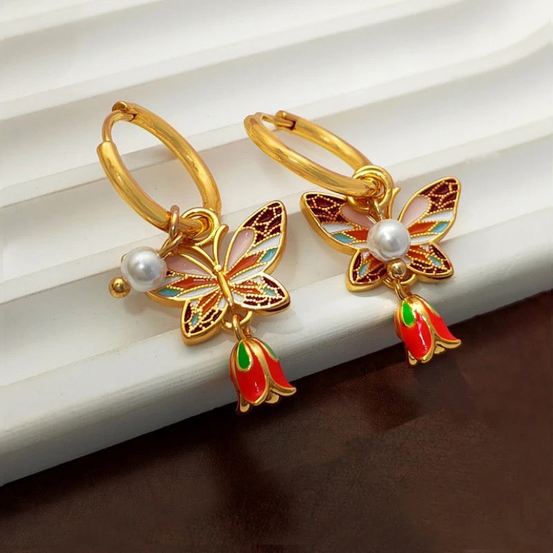 Pastel Dainty Butterfly & Pearl Hoop Earrings