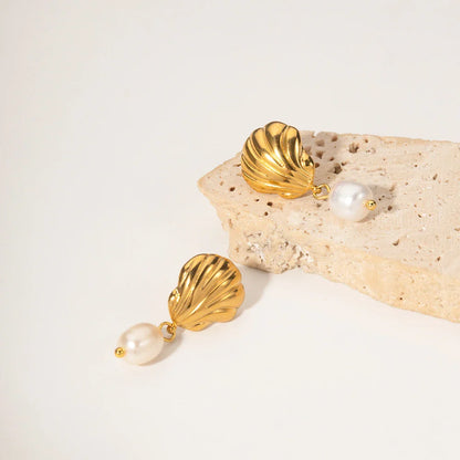 Dainty Sea Shell Pearl Earrings