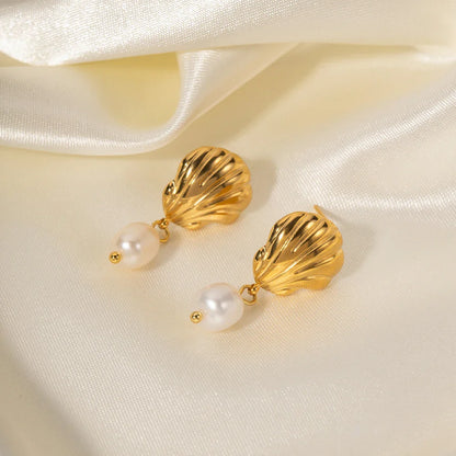 Dainty Sea Shell Pearl Earrings