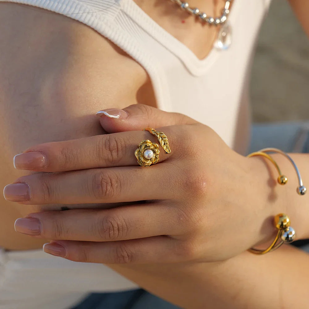 Adjustable Pearl Camellia Flower Ring
