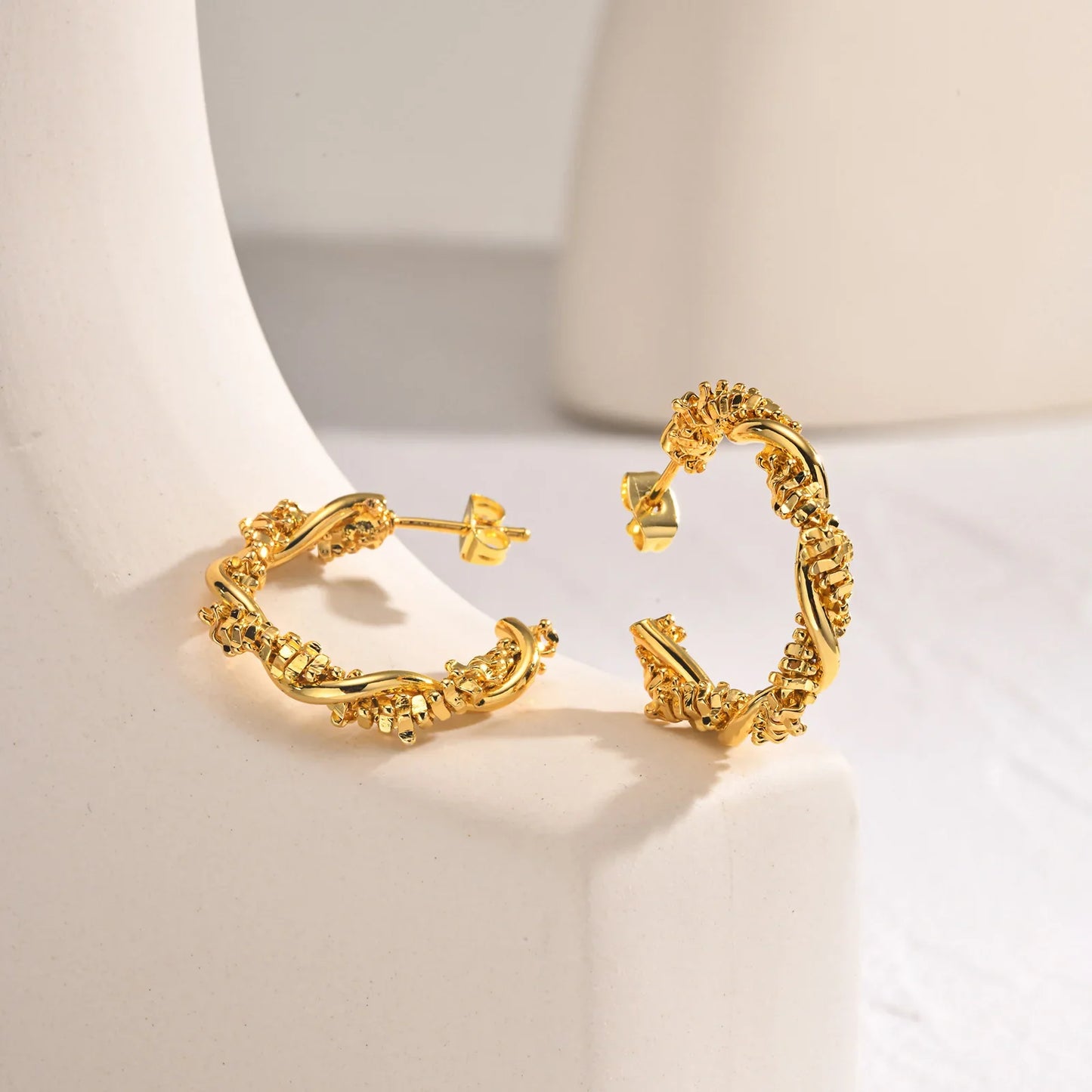 14k Dainty Textured Spiral Hoop Earrings