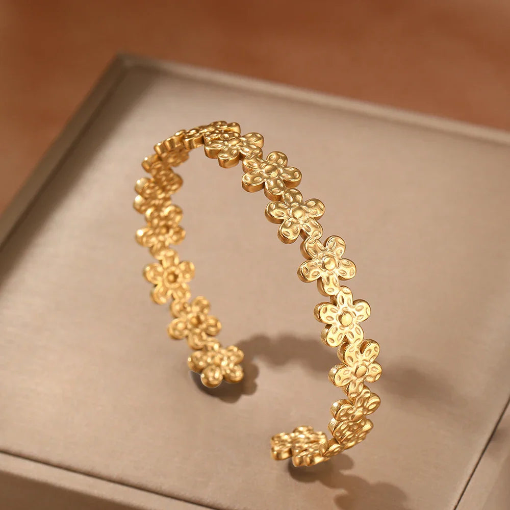 Textured Floral Bangle Cuff Bracelet