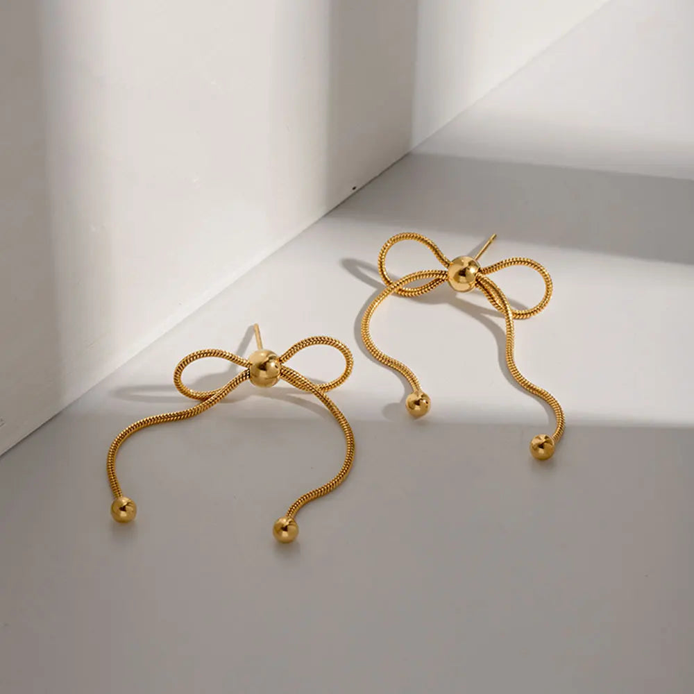 18k Dainty Feminine Chain Bow Earrings