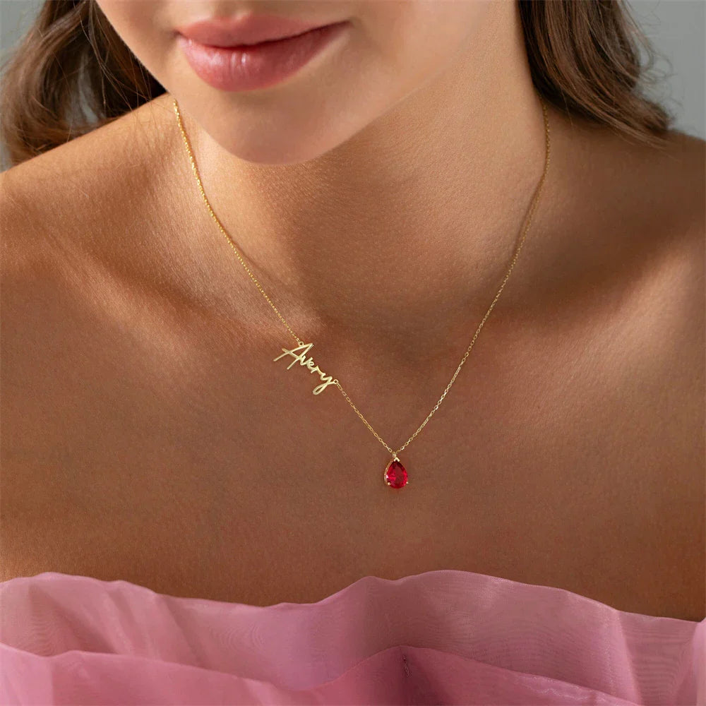 Dainty Name & Teardrop Birthstone Necklace