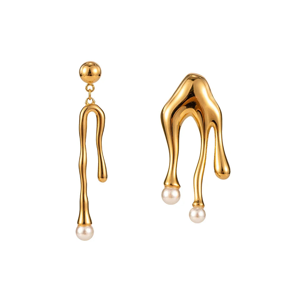 18k Dainty Asymmetrical Melted Gold Pearl Earrings