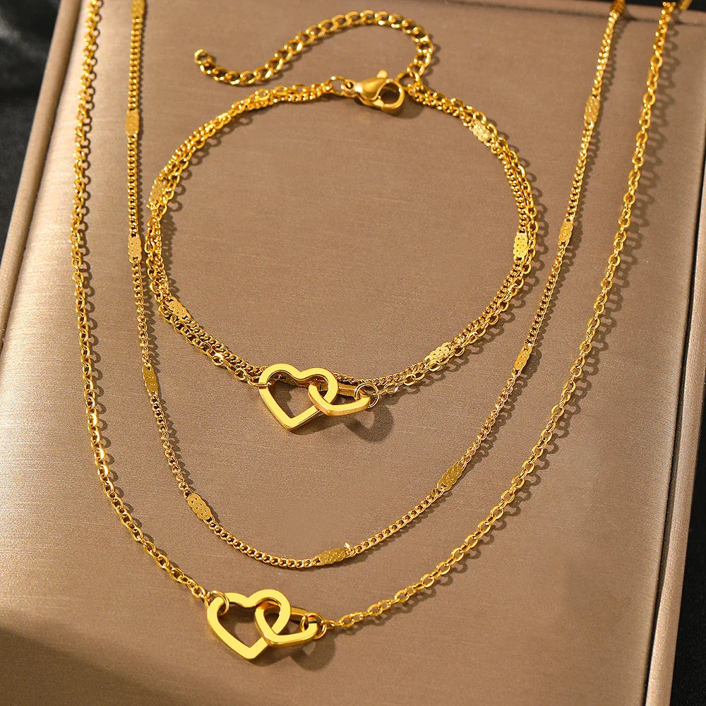Dainty Curb & Chain Link Dual Heart Necklace and Bracelet Set